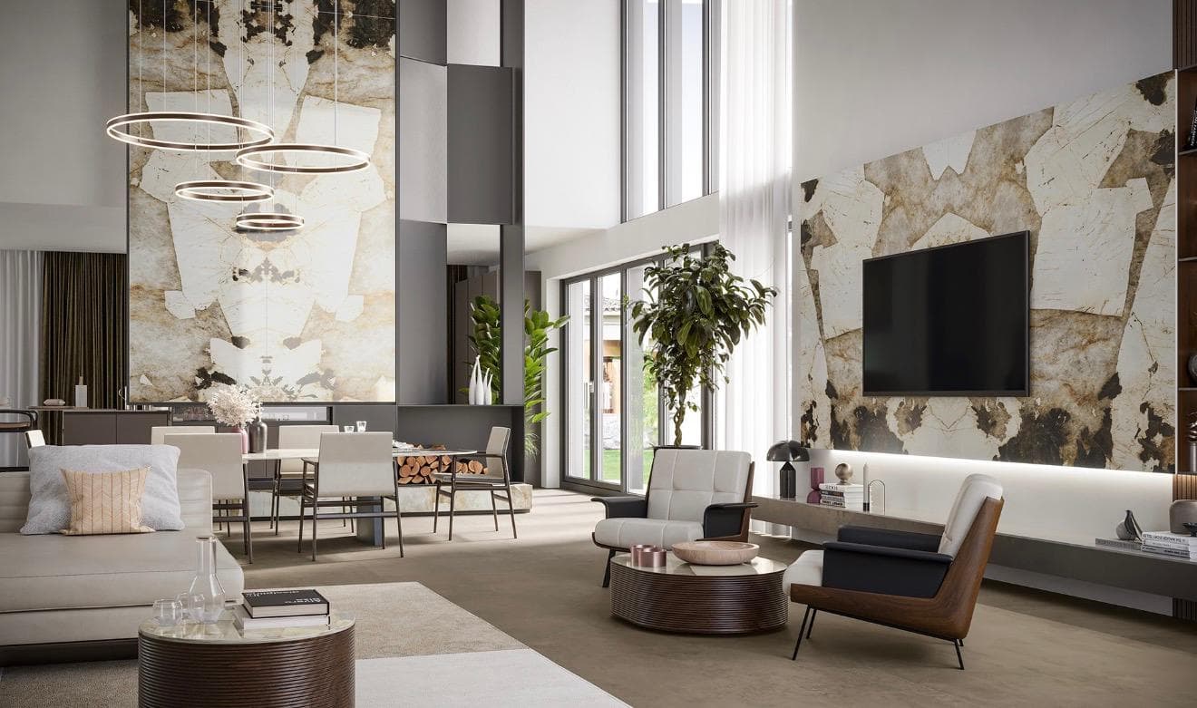 Séjour prestige double hauteur avec pierre naturelle